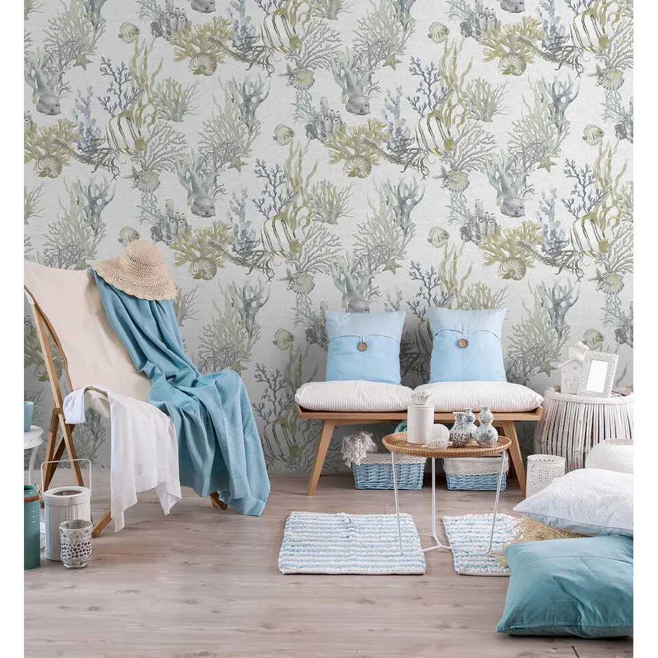 Sanders & Sanders behang onderwaterwereld vergrijsd blauw en olijfgroen