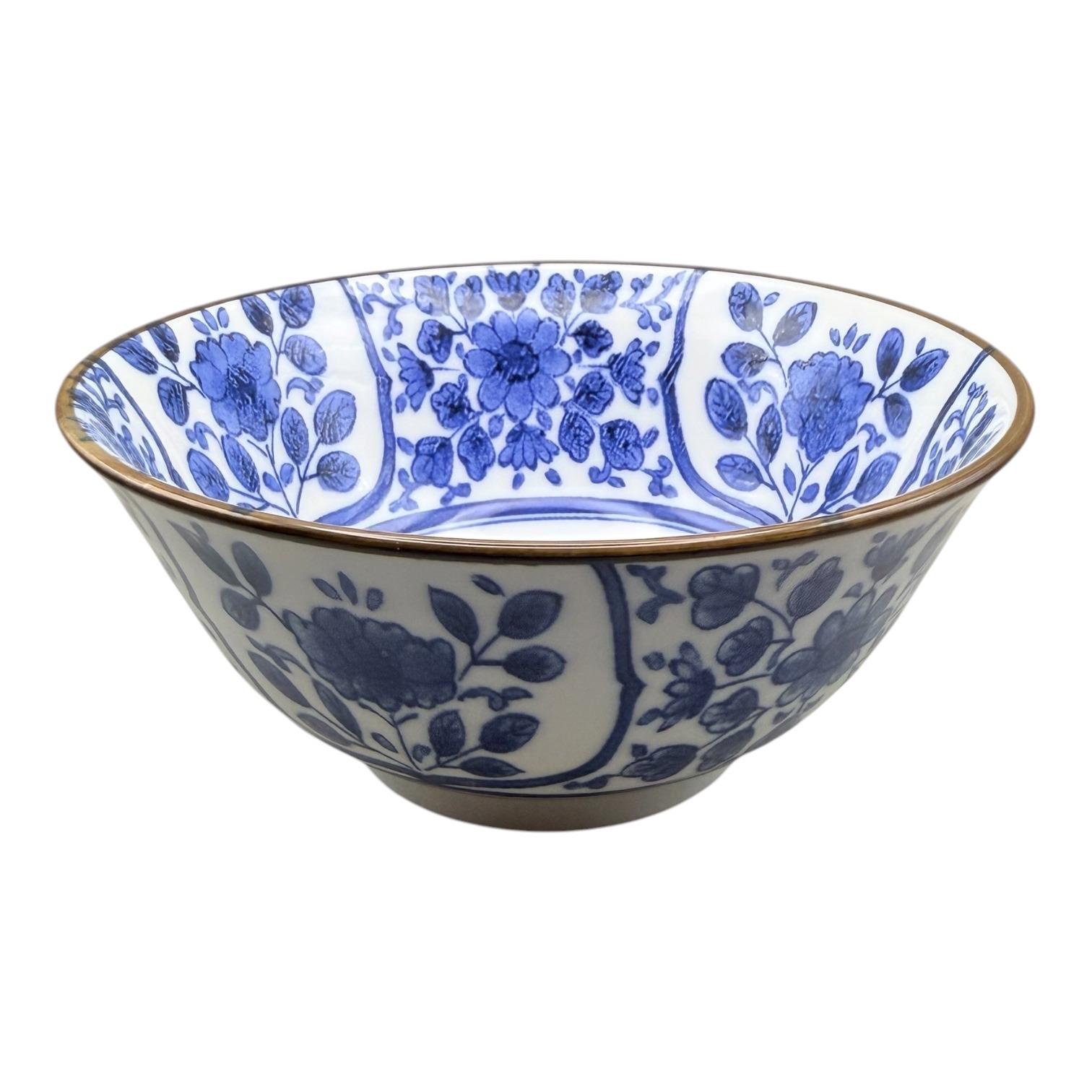 Sinyo Japan Blue and White Floral Porcelain Bowls Set of 4 Brown Rim Chinoiserie