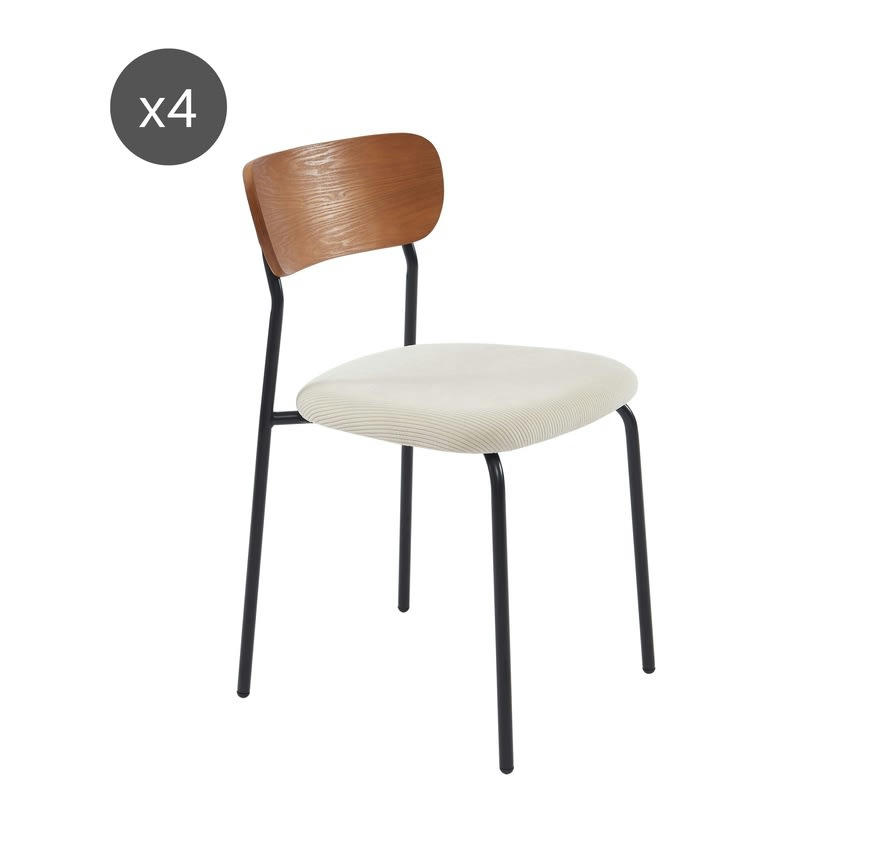 FRIDA - Lot de 4 chaises  velours côtelé blanc pieds métal noir