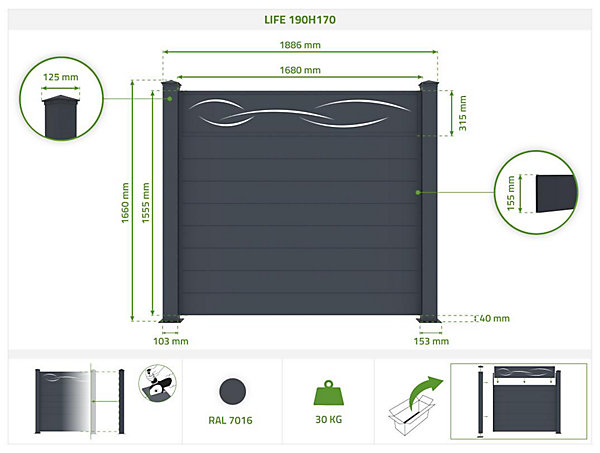 Lot de 3 clôtures aluminium 1,9m LIFE H.170cm gris