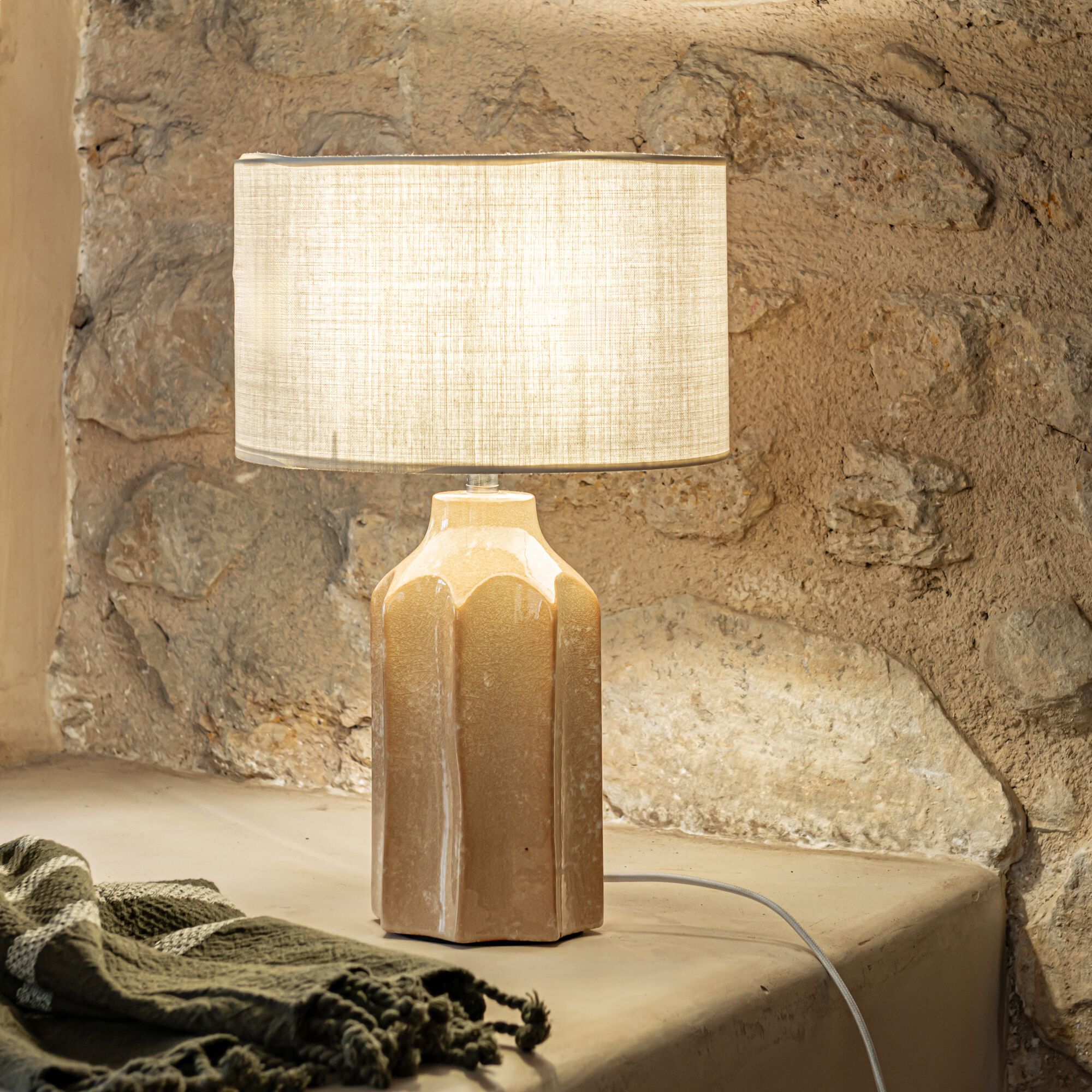 LEANDRE - Pied de lampe électrifié en grès D14.5cm - beige sable