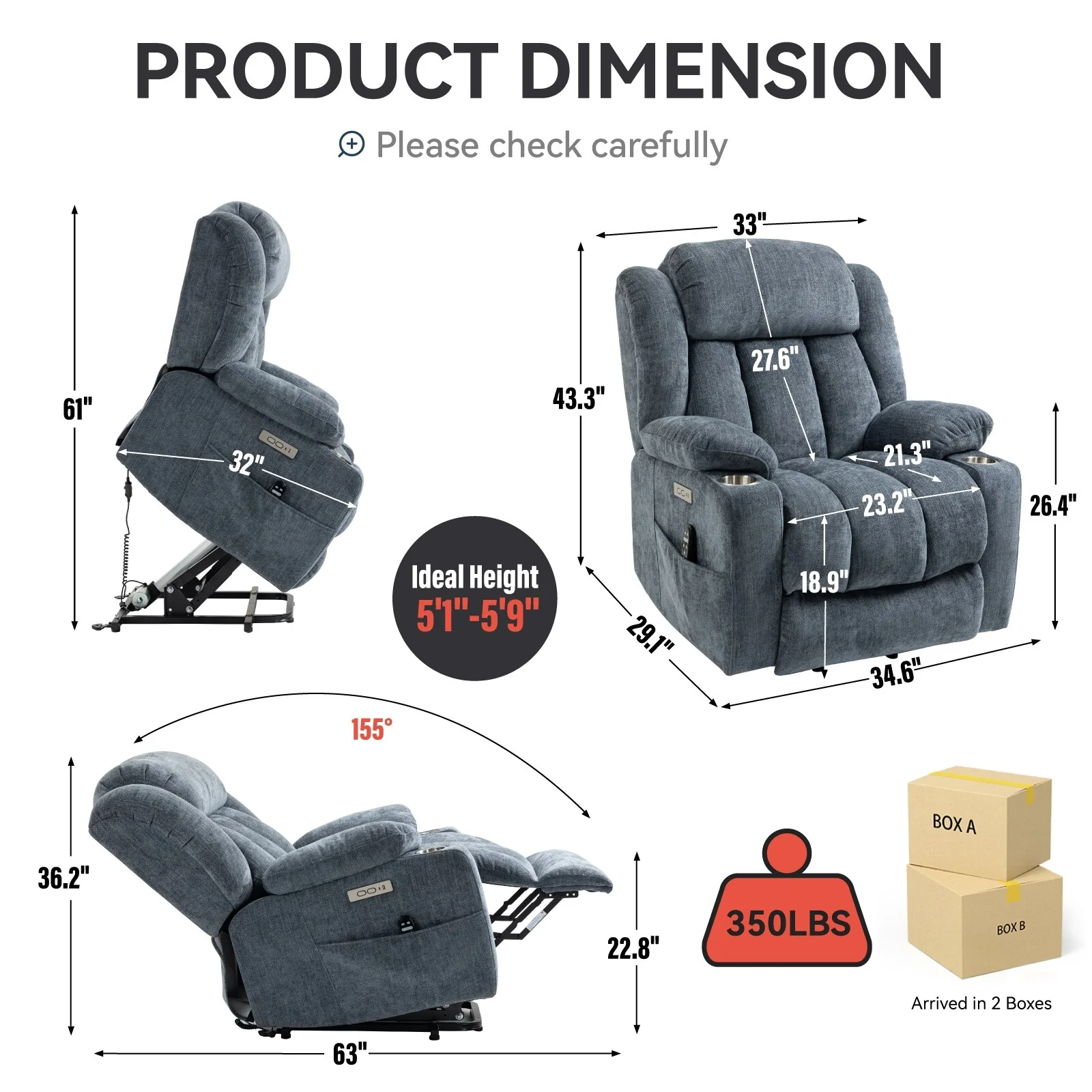 Up to 350 LBS Power Lift Recliner Chair with 8-Point Vibration Massage, Lumbar Heating, USB & Type-C Ports