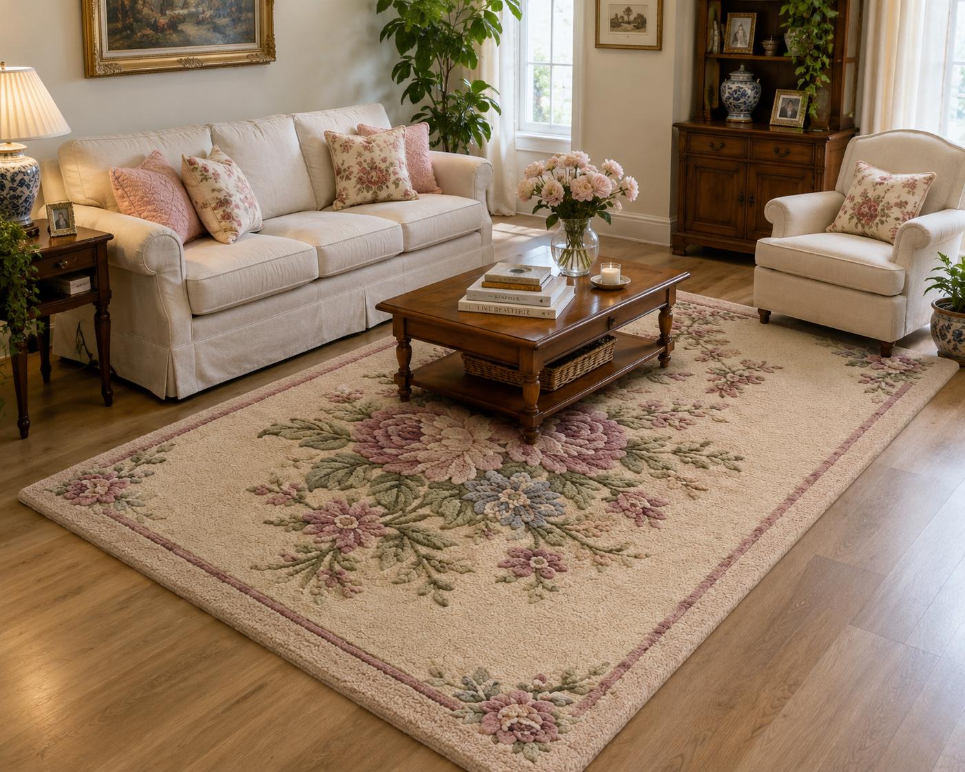Vintage Floral Tufted Rug, Handmade Cottagecore Wool Carpet, Romantic Pink Flower Area Rug, Traditional Bedroom Decor