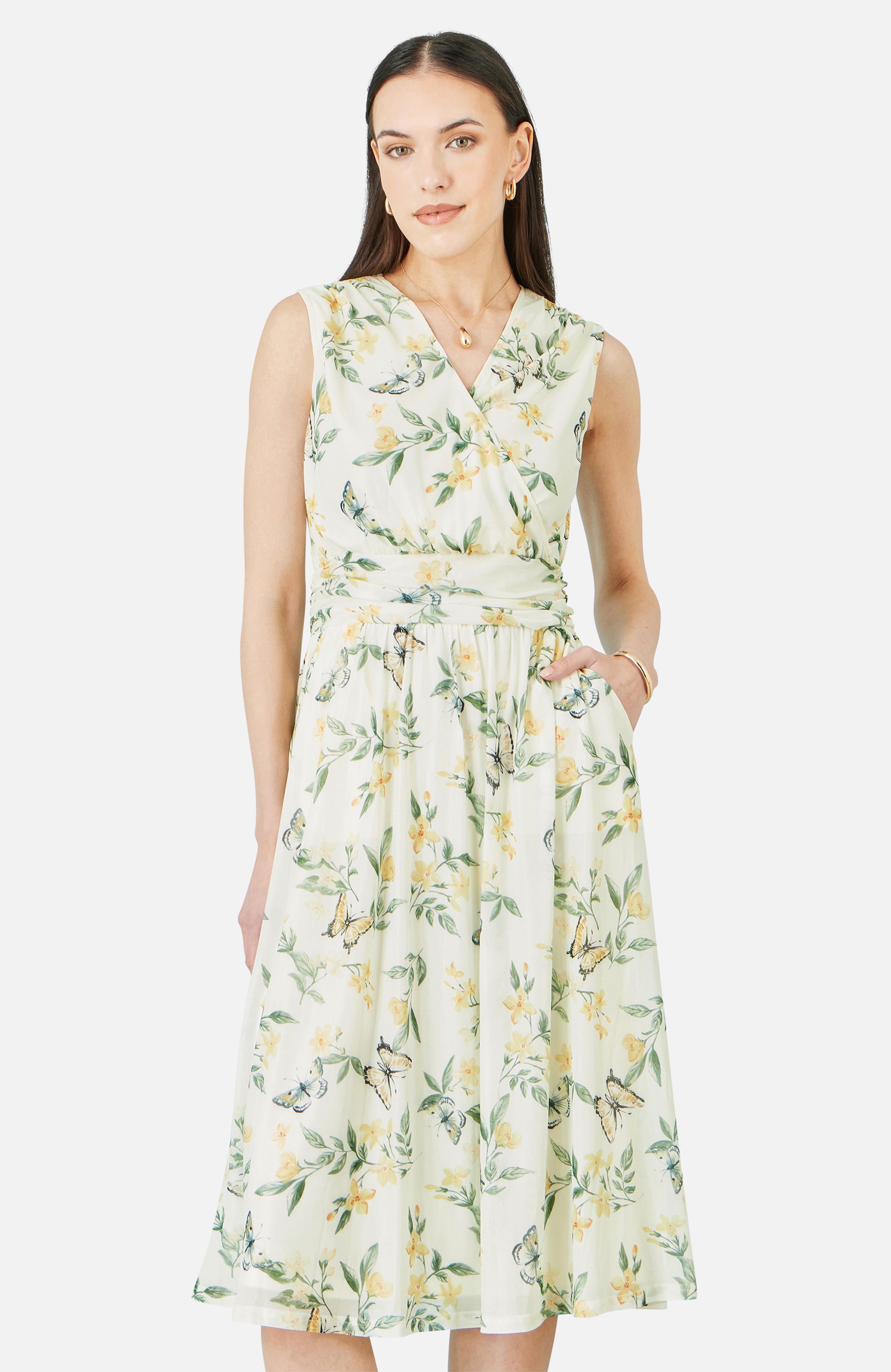 Yumi Floral Print Mesh Stretch Midi Dress With Pockets