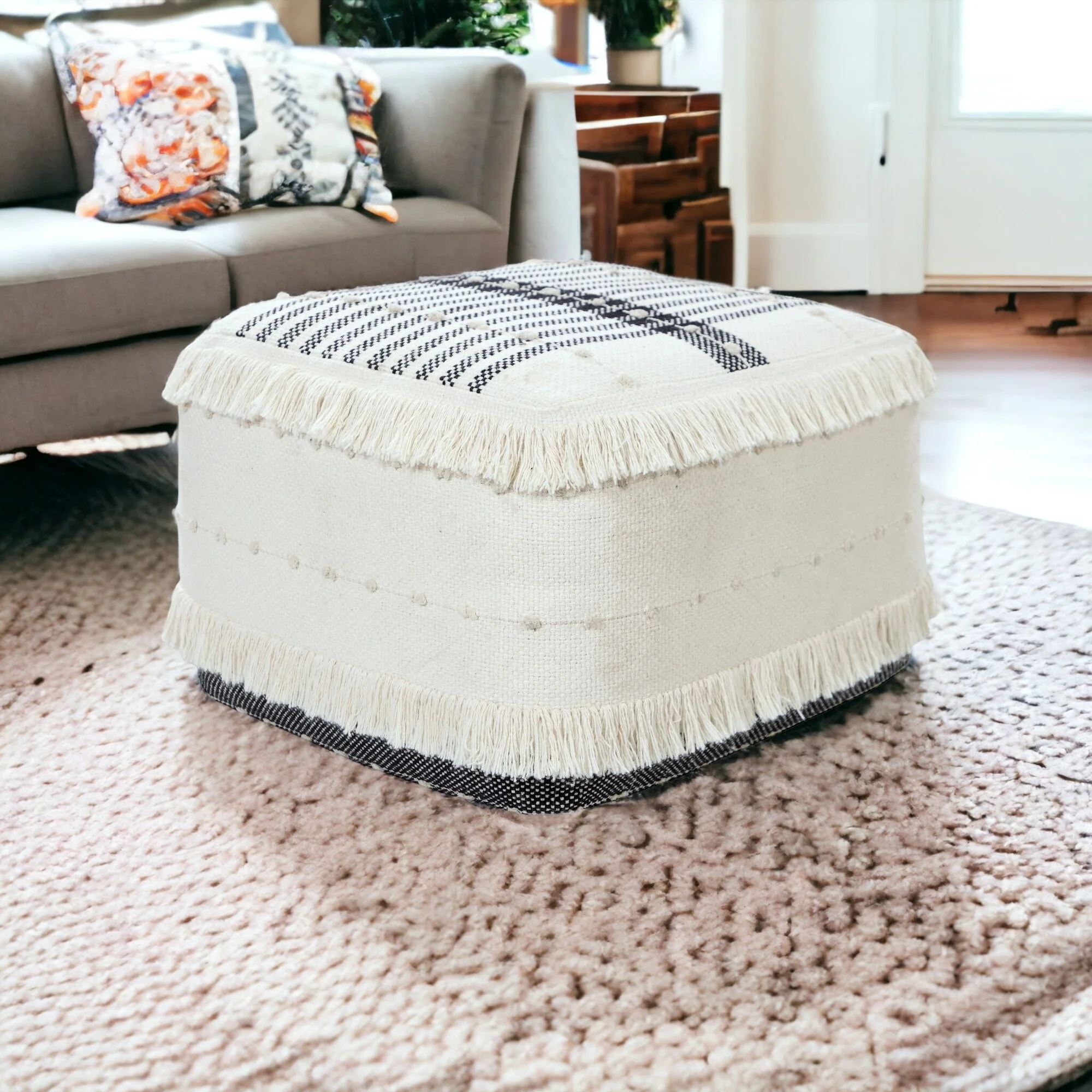 Modern Square Cotton Pouf Ottoman 18 White Stripe Seat with Durable Fill and Removable Cover