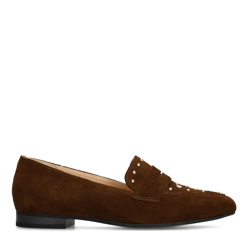 Manfield Donkerbruine suède loafers met gouden studs