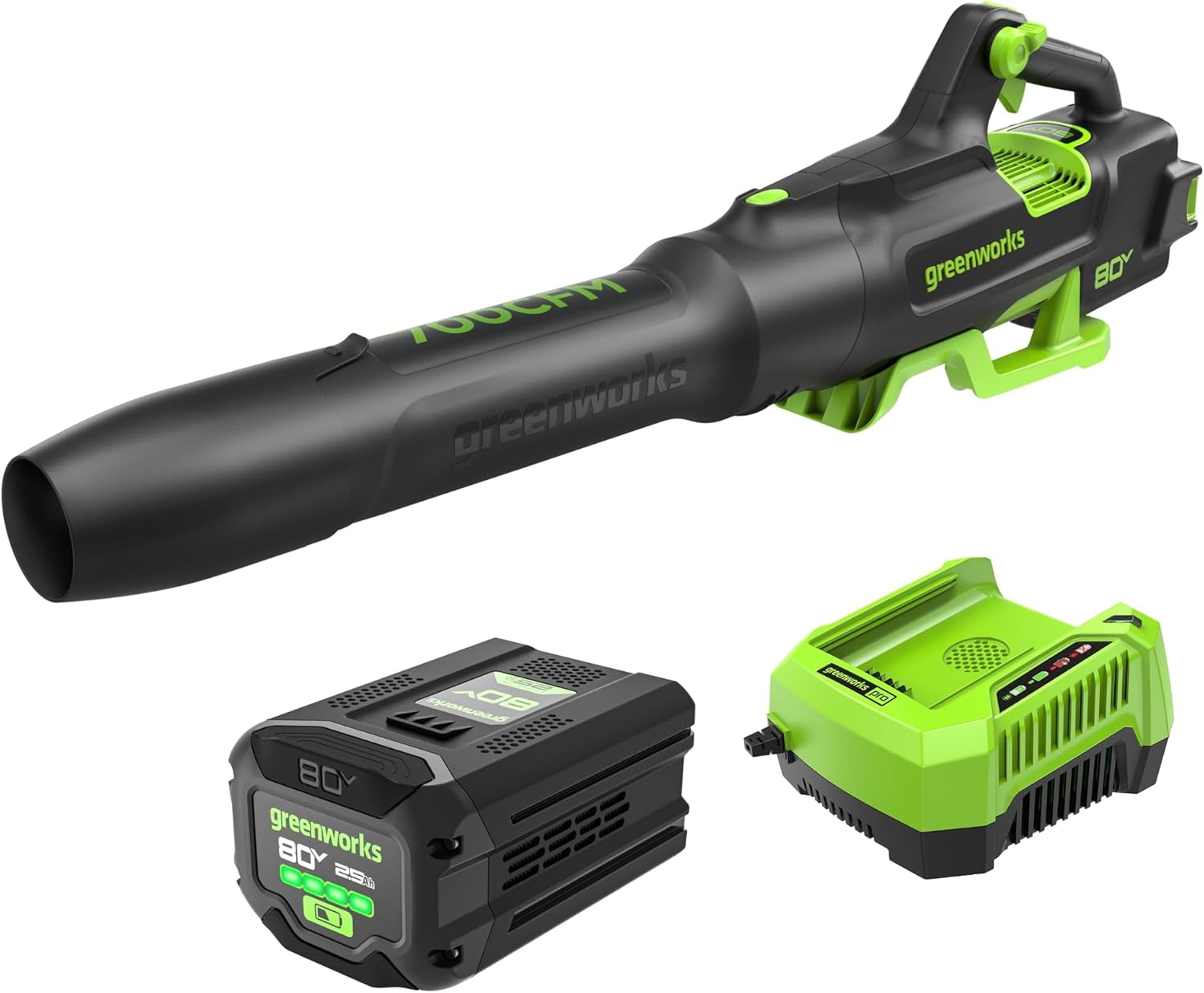 Greenworks 80V (700 CFM / 170 MPH) Brushless Cordless Leaf Blower  Commercial-Grade Power  40-Min Rapid Charger for Wet Leaves  Heavy Debris  Gravel and Driveway Snow  Includes 2.5Ah Battery & Charger