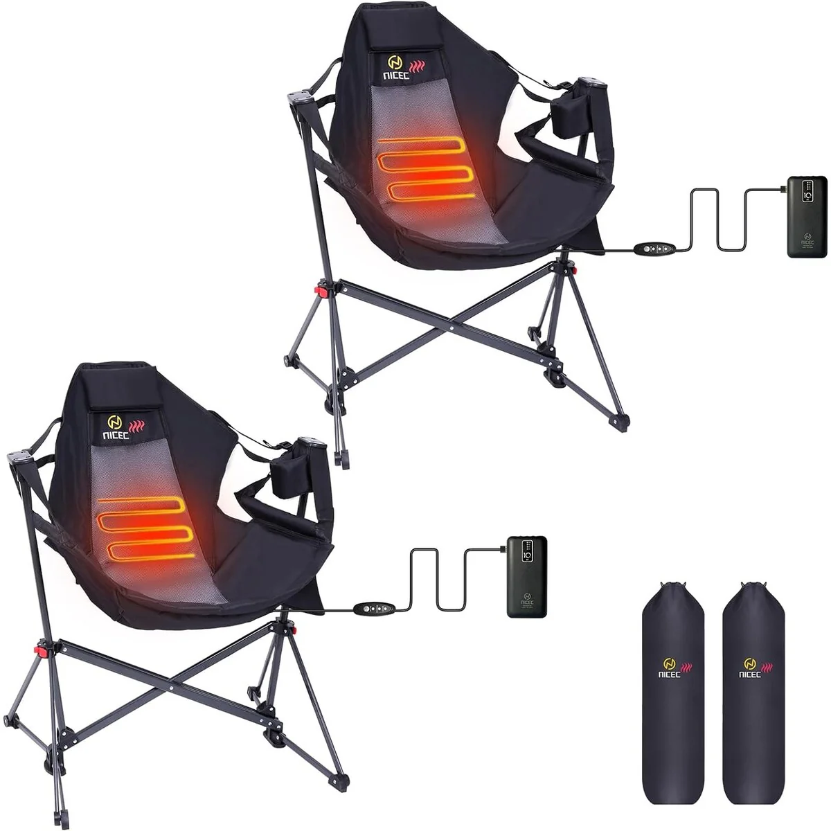 Heated Hammock Camping Chair, Swing Chair, Folding Rocking Chair High Back with Stand, 10000mAh Power Bank Included