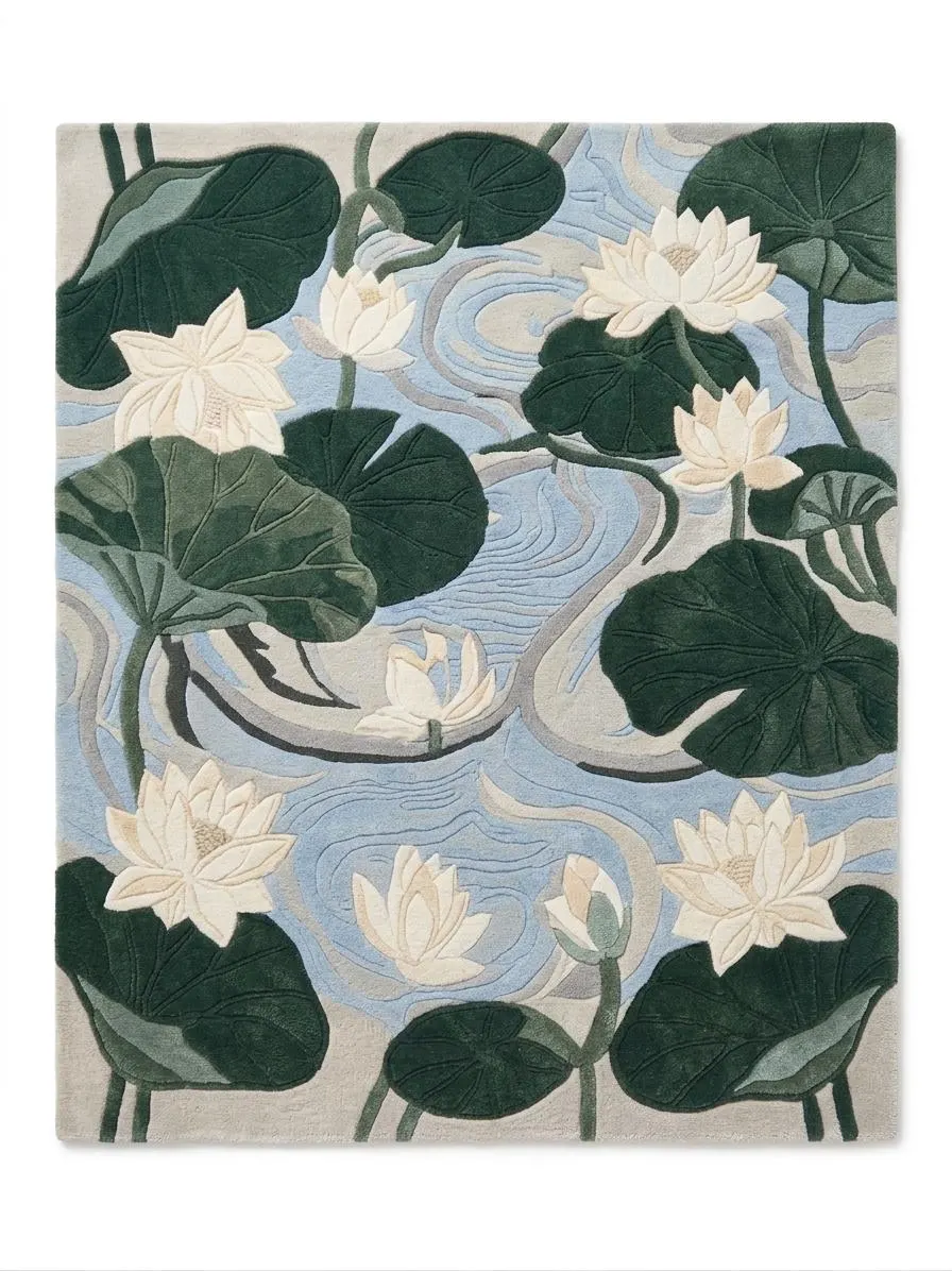 Hand Tufted Wool Rug, White Lotus Water Lily Area Rug,
