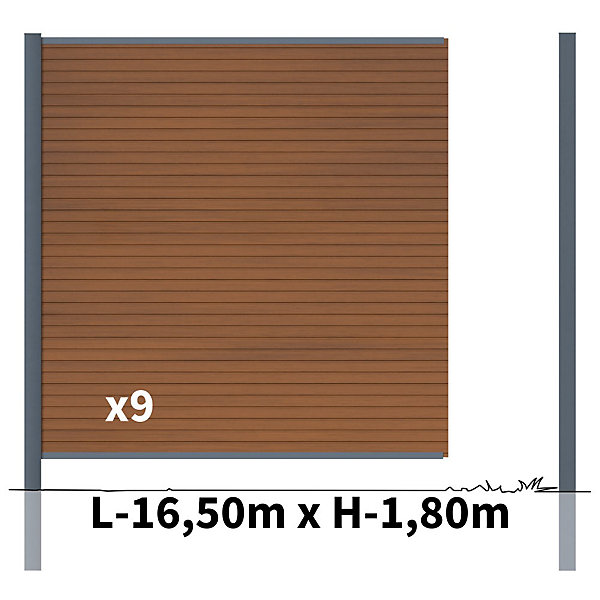 Kit Clôture Bois Composite Teck 16,5x1,8m SANTOS - Poteaux en Aluminium Gris - Brise Vue - Palissade