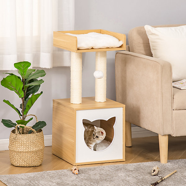 Arbre à chat 2 griffoirs niche entrée tête de chat plateforme observation balle coussins amovibles peluche aspect bois clair