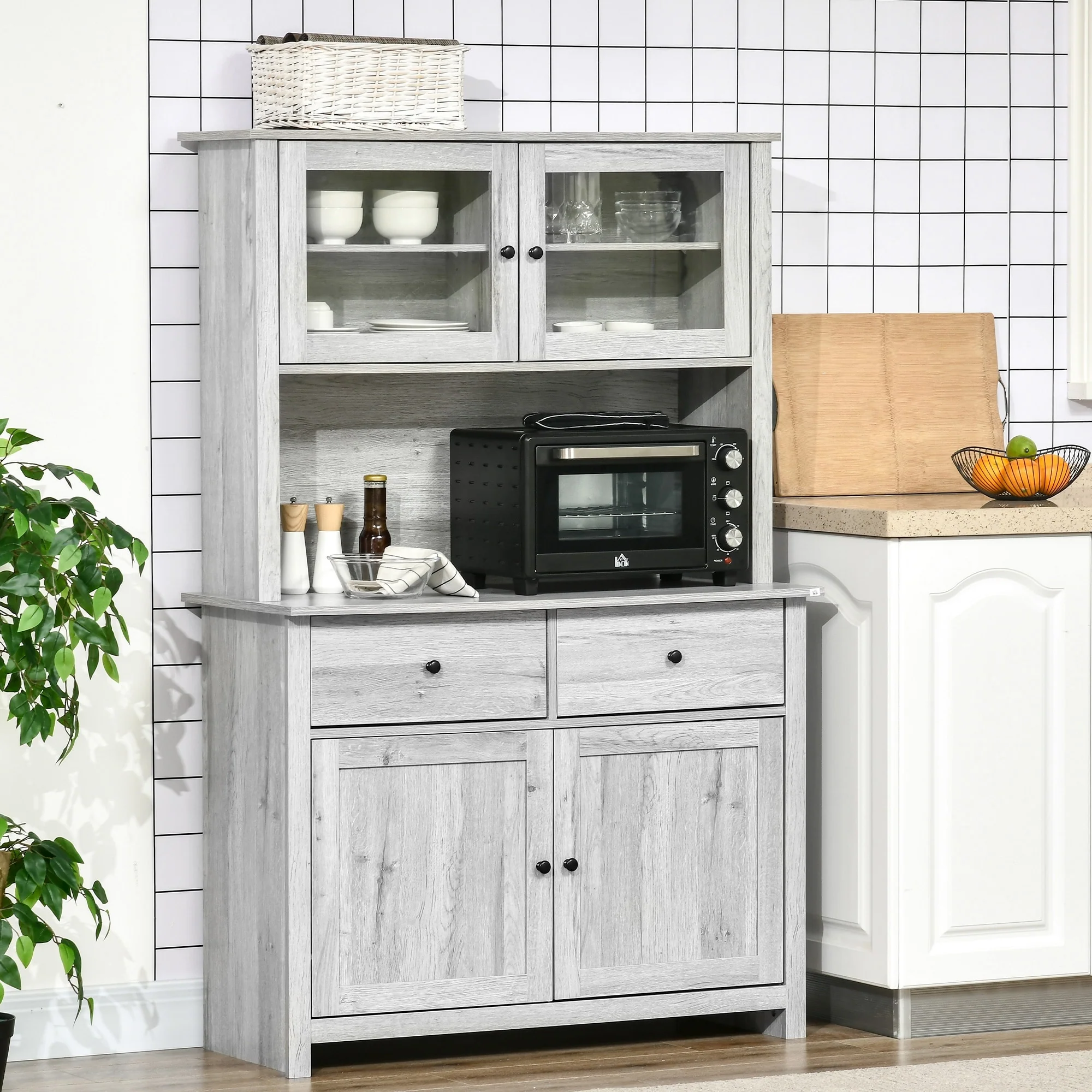 HOMCOM 63.5 Kitchen Buffet with Hutch, Pantry Storage Cabinet with 4 Shelves, Drawers, Framed Glass Doors