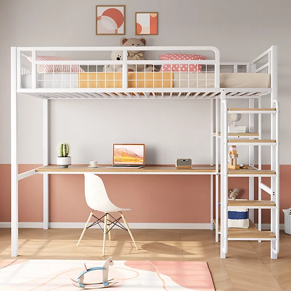 Lit mezzanine 90x200 cm enfant métal, bureau et étagères intégrés, échelle de sécurité, garde-corps métal, blanc - Sans matelas