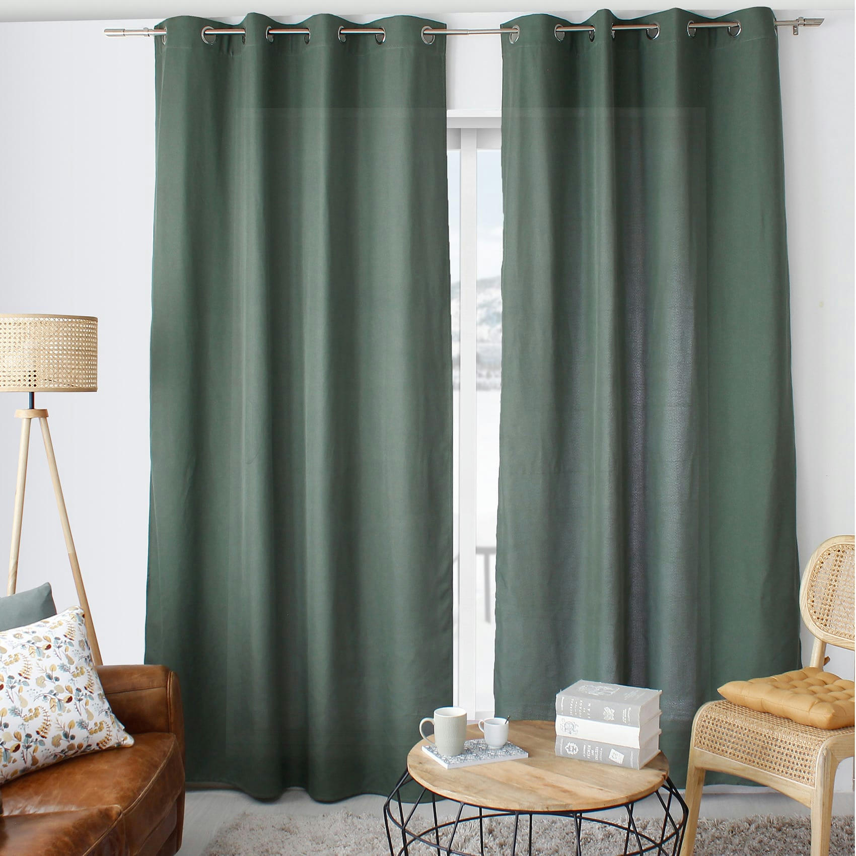 - Rideau tamisant uni à œillets polyester sauge 135x240 cm