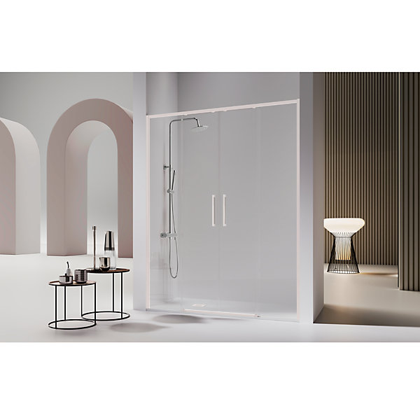 Paroi de douche 2 verres fixes   2 portes coulissantes DELTA blanc mat 154-156.6 cm