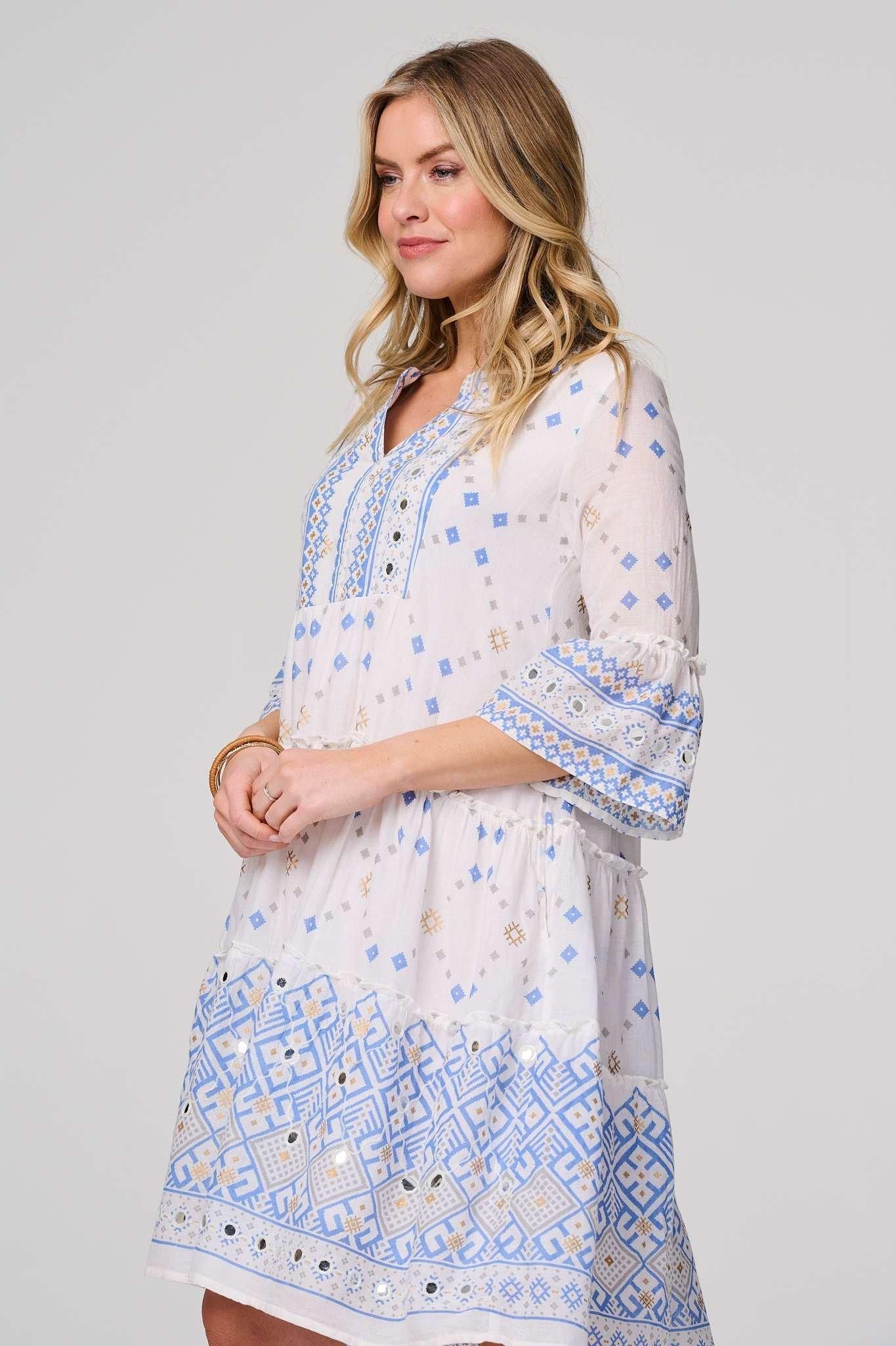 Izabel London Embroidered 3/4 Flared Sleeve Short Smock Dress