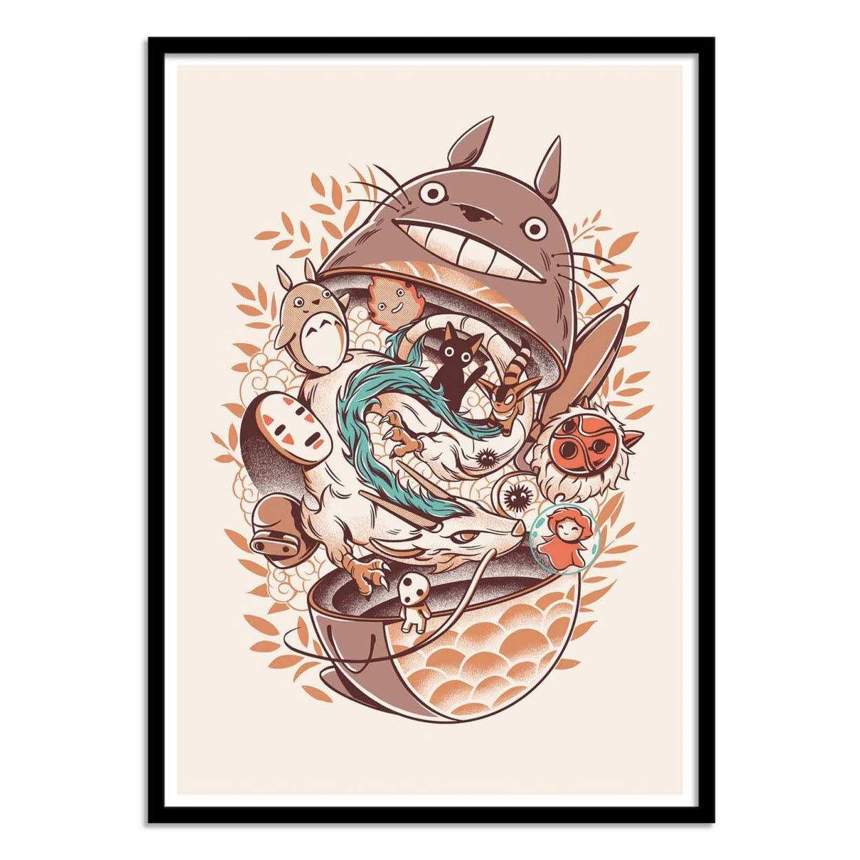 ILUSTRATA - GHIBLI'S MATRYOSHKA - Affiche d'art avec Cadre bois noir - 30 x 40 cm