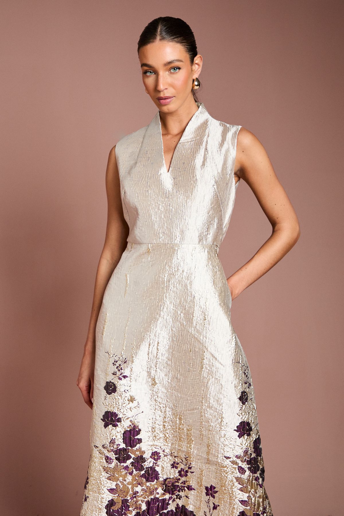 Coast Notch Neck Floral Border Print Jacquard Midi Dress