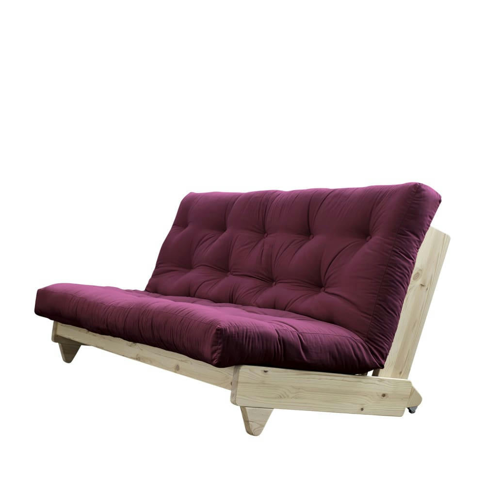 FRESH - Canapé convertible en bois naturel et tissu bordeaux 2 places