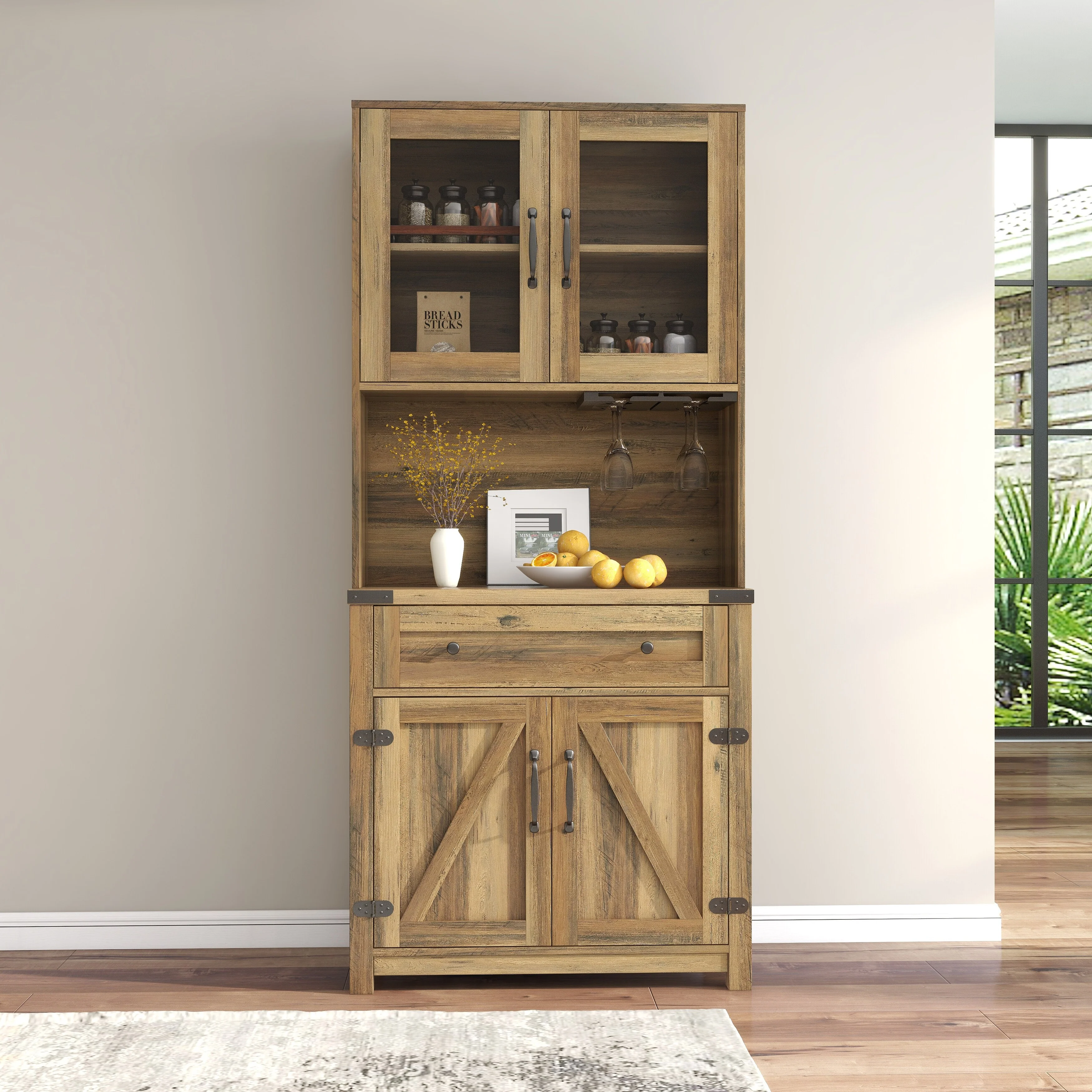 Farmhouse Bar Cabinet with Double Barn Door, Adjustable Shelves and Drawers