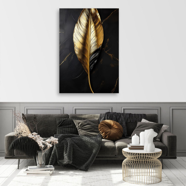 Feeby Obraz na płótnie, Złoty Liść na czarnym tle 40x60