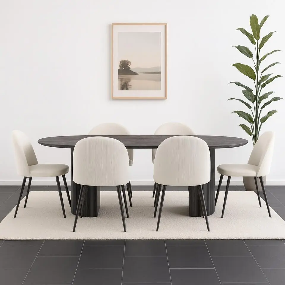 Hioshop Kyoto eethoek eettafel donkerbruin- 6 stoelen met beige ribfluweel