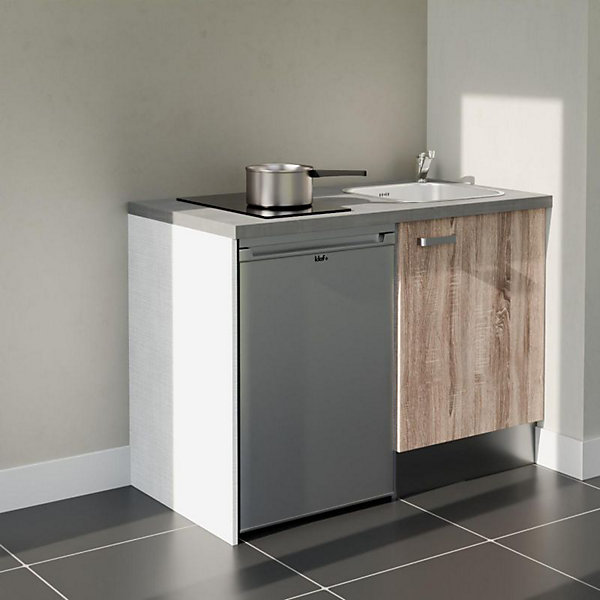 Kitchenette K08 façades Bois - Plan de travail Gris béton - Crédences : Non - Evier inox - Electroménager Inox inclus