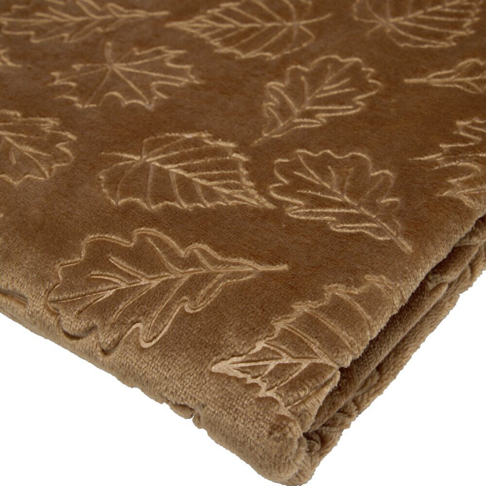Plaid velours relief motif automne 130x160cm (2 modèles marron ou beige)