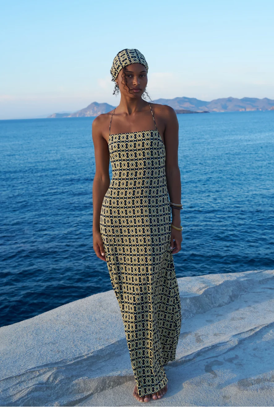 St Tropez Dress - Navy/Gold Link Print