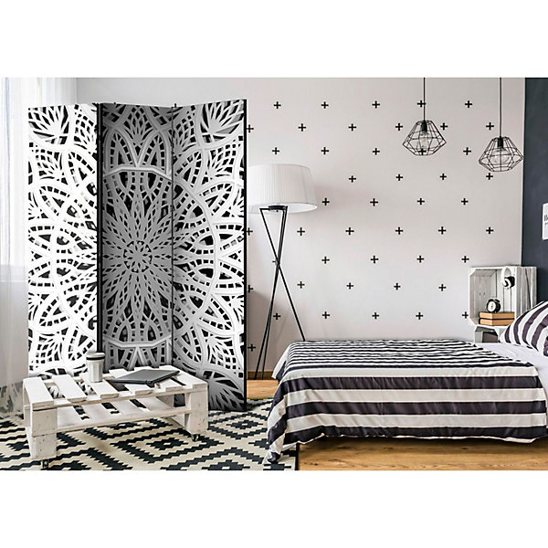 Paravent Mandala Blanc Décoratif et élégant en 3 Panneaux 135 x 172 cm Gris et Blanc