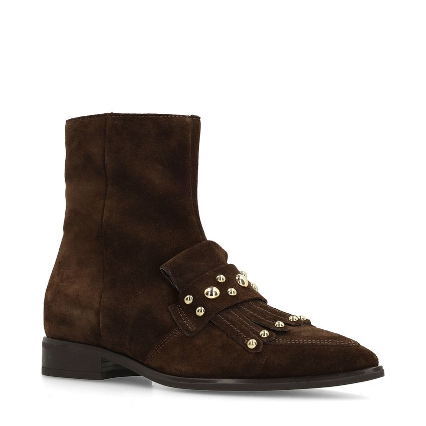 Manfield Donkerbruine suède enkellaarsjes met studs