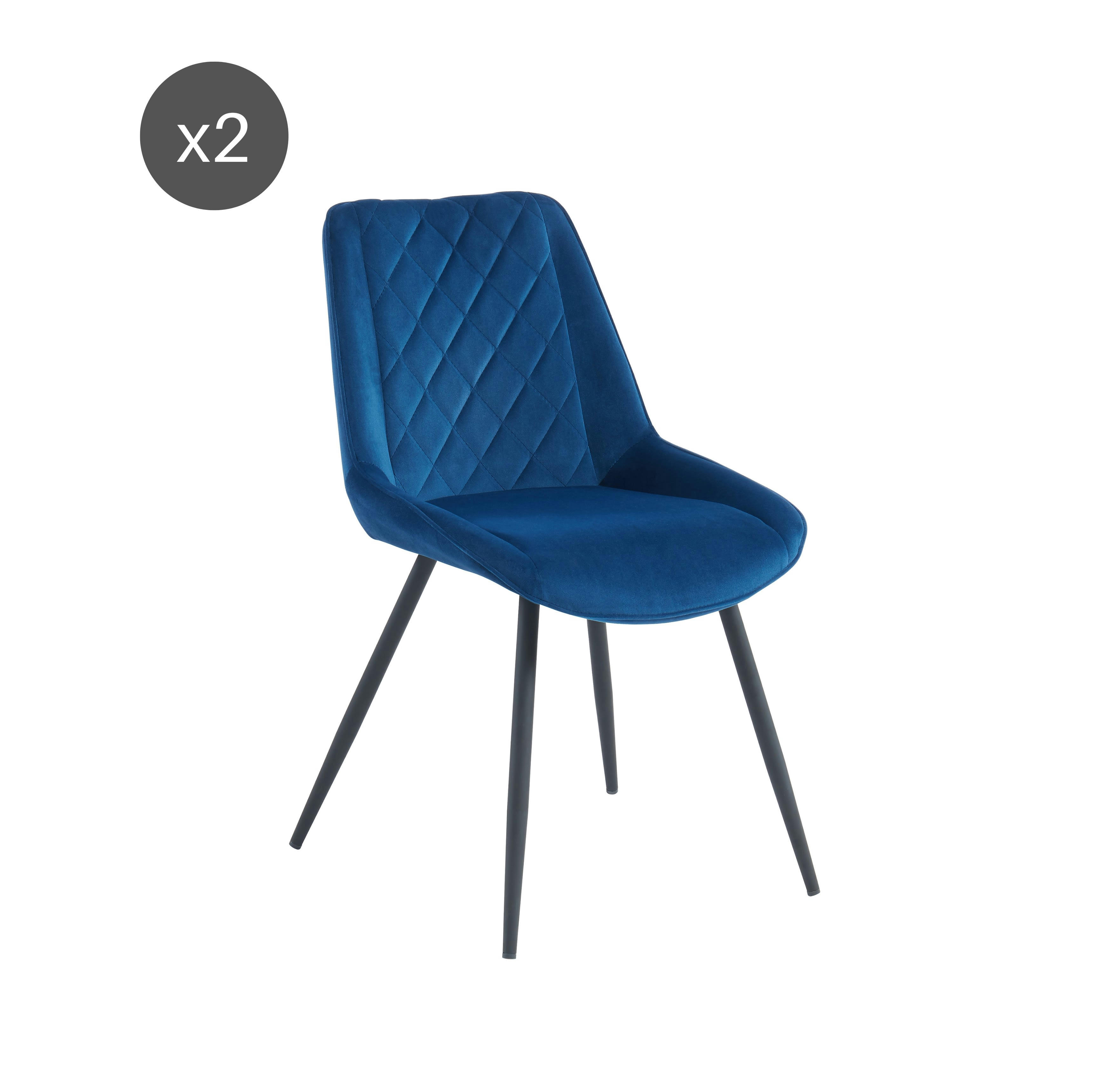 ROMY - Lot de 2 chaises   velours bleu  pieds métal noir