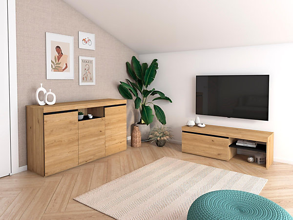 Ensemble Naturale buffet meuble TV 120cm couleur chêne et noir