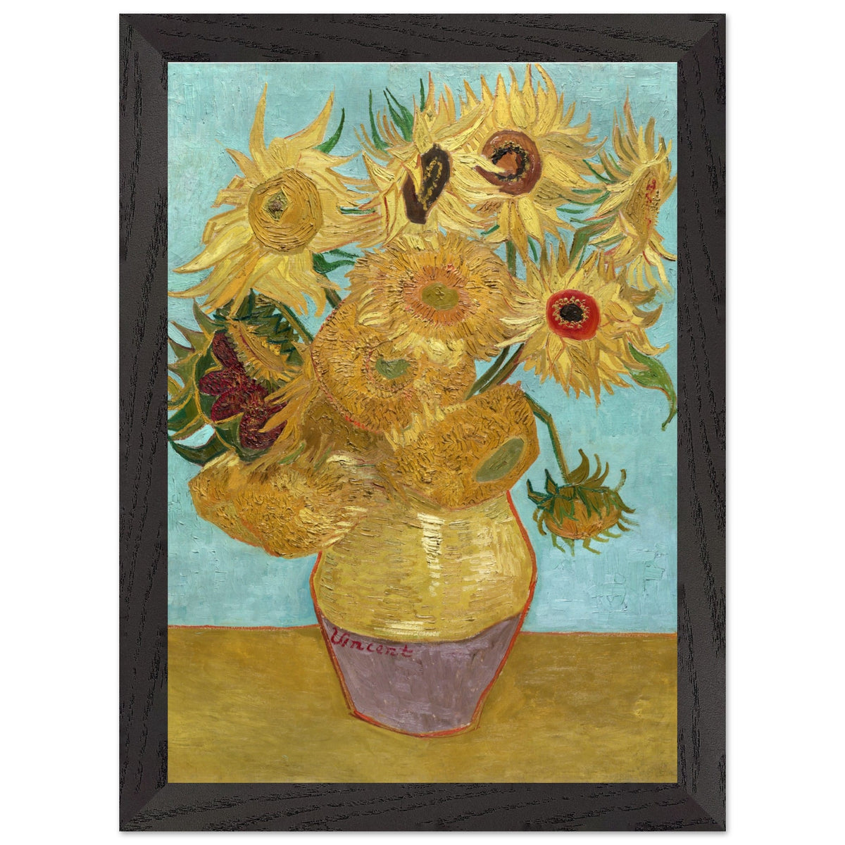 Poster met Lijst Vincent van Gogh - Vaas met twaalf zonnebloemen  - A4 21x29.7 cm - Blauw