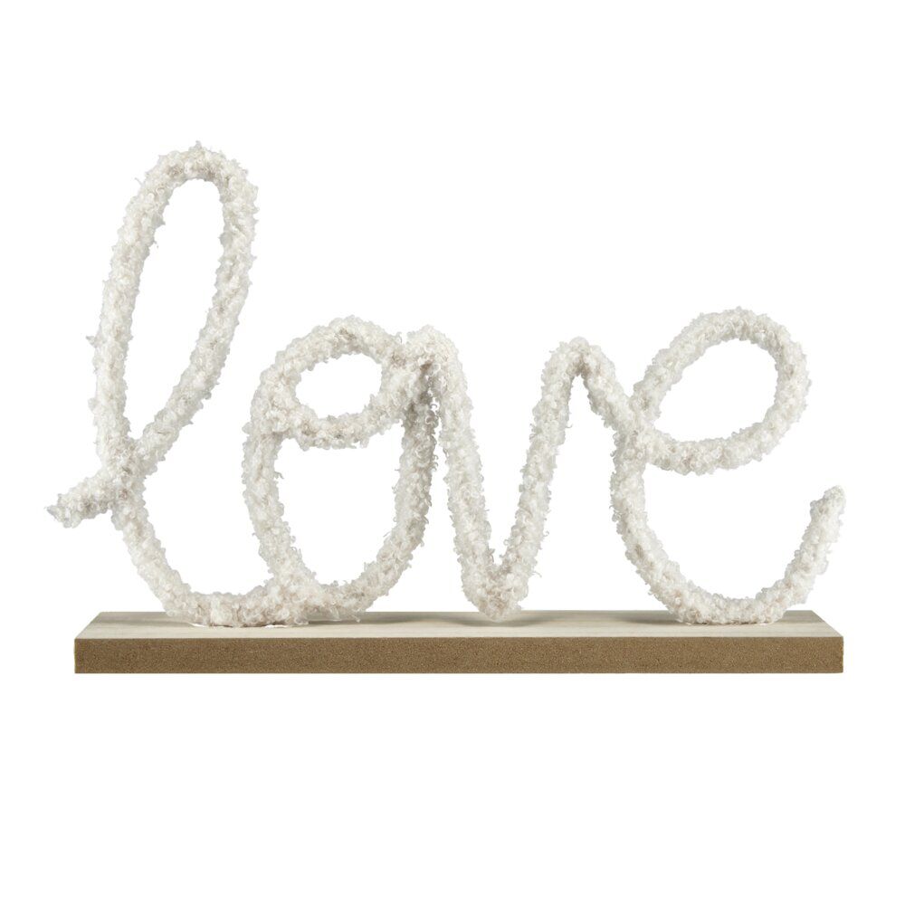 Décoration à poser bois mot en laine bouclée Home Love blanc 26x6xH17cm