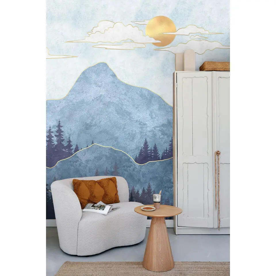 Sanders & Sanders fotobehang berglandschap blauw en goud - 375 x 270 cm