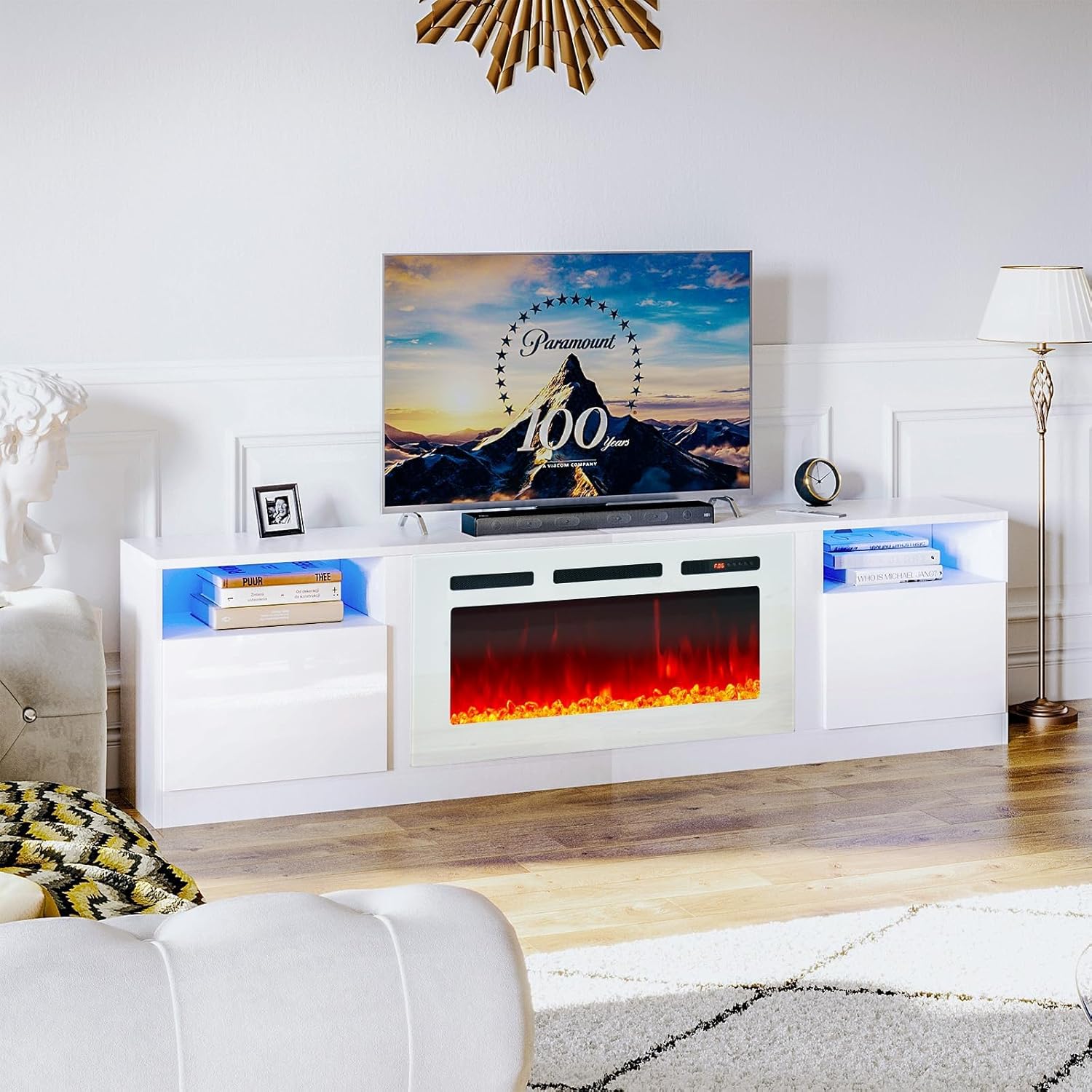 oneinmil 70” TV Stand with 36” Electric Fireplace, Large Modern Media Entertainment Center with Storage Cabinet and 12 Colors LED Lights for TVs Up to 80, White+White