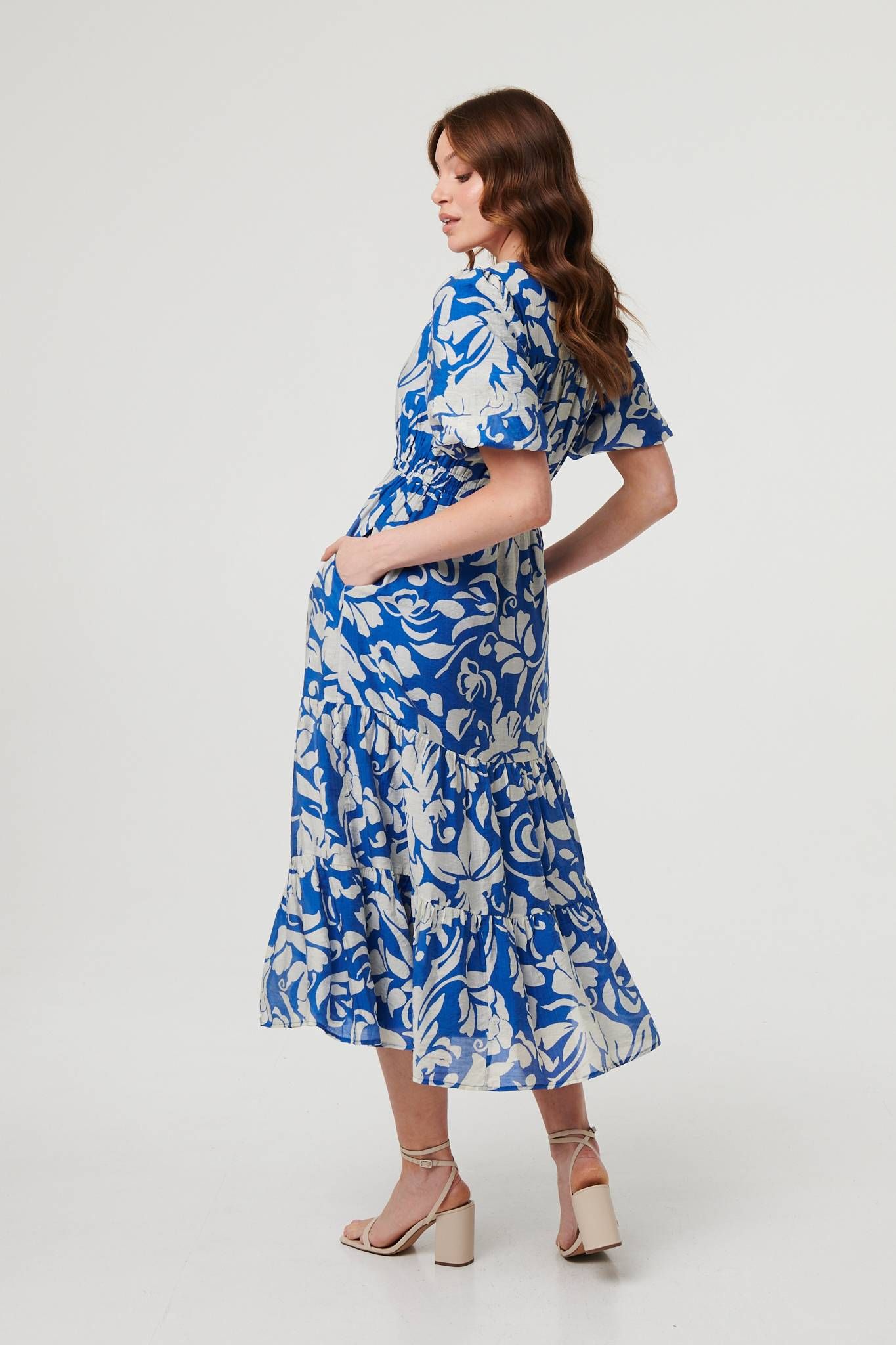 Izabel London Floral Puff Sleeve Tiered Midi Dress