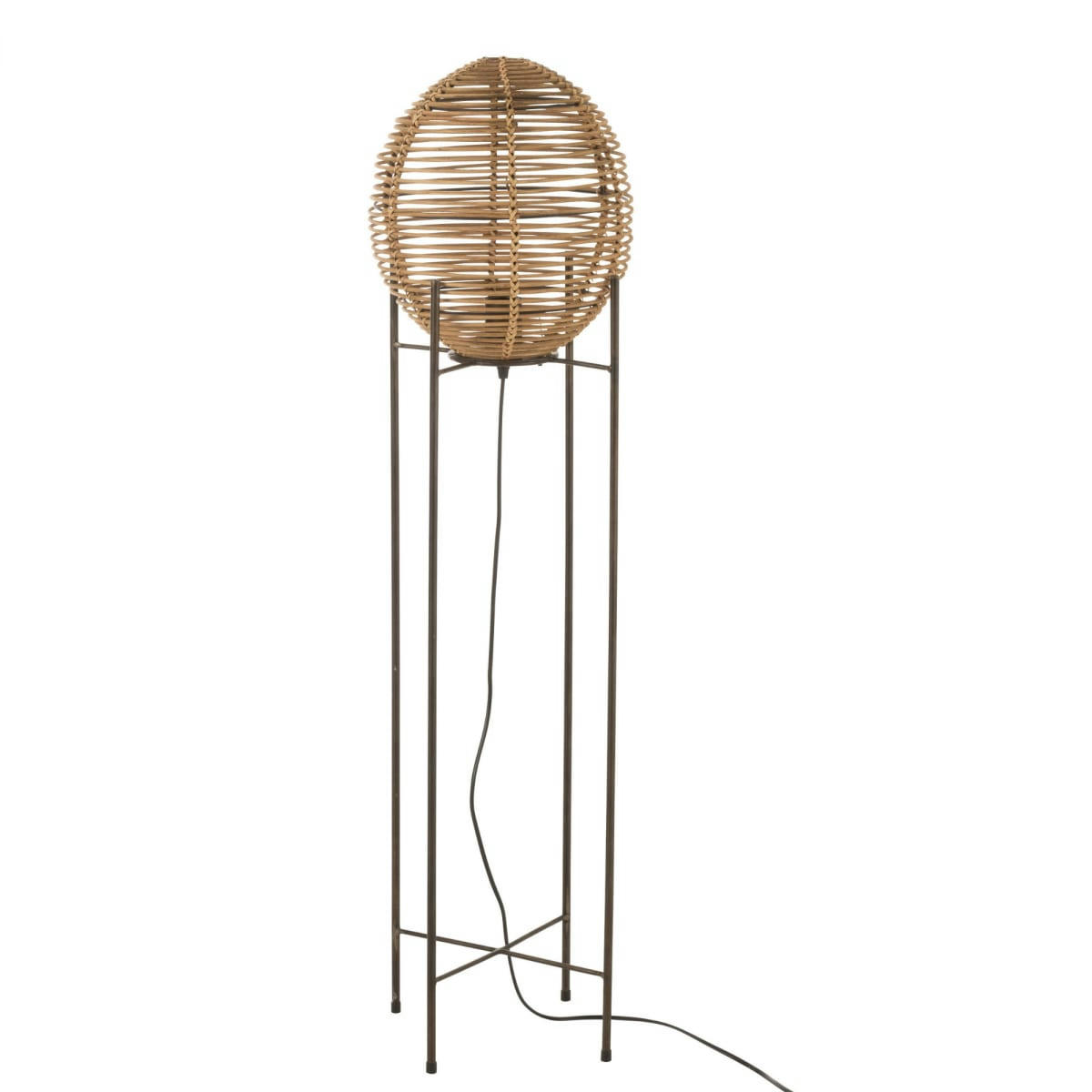 AUDE - Lampadaire rond en rotin et pied métal noir