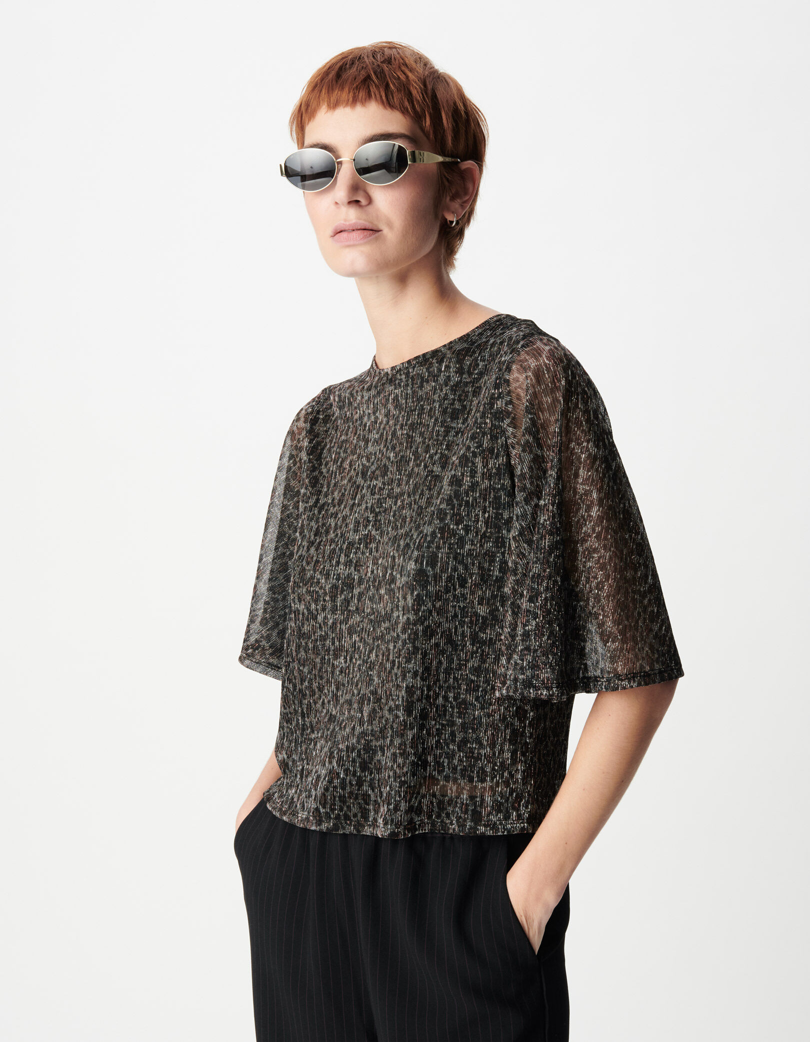 Top noir maille motif léopard lurex Femme