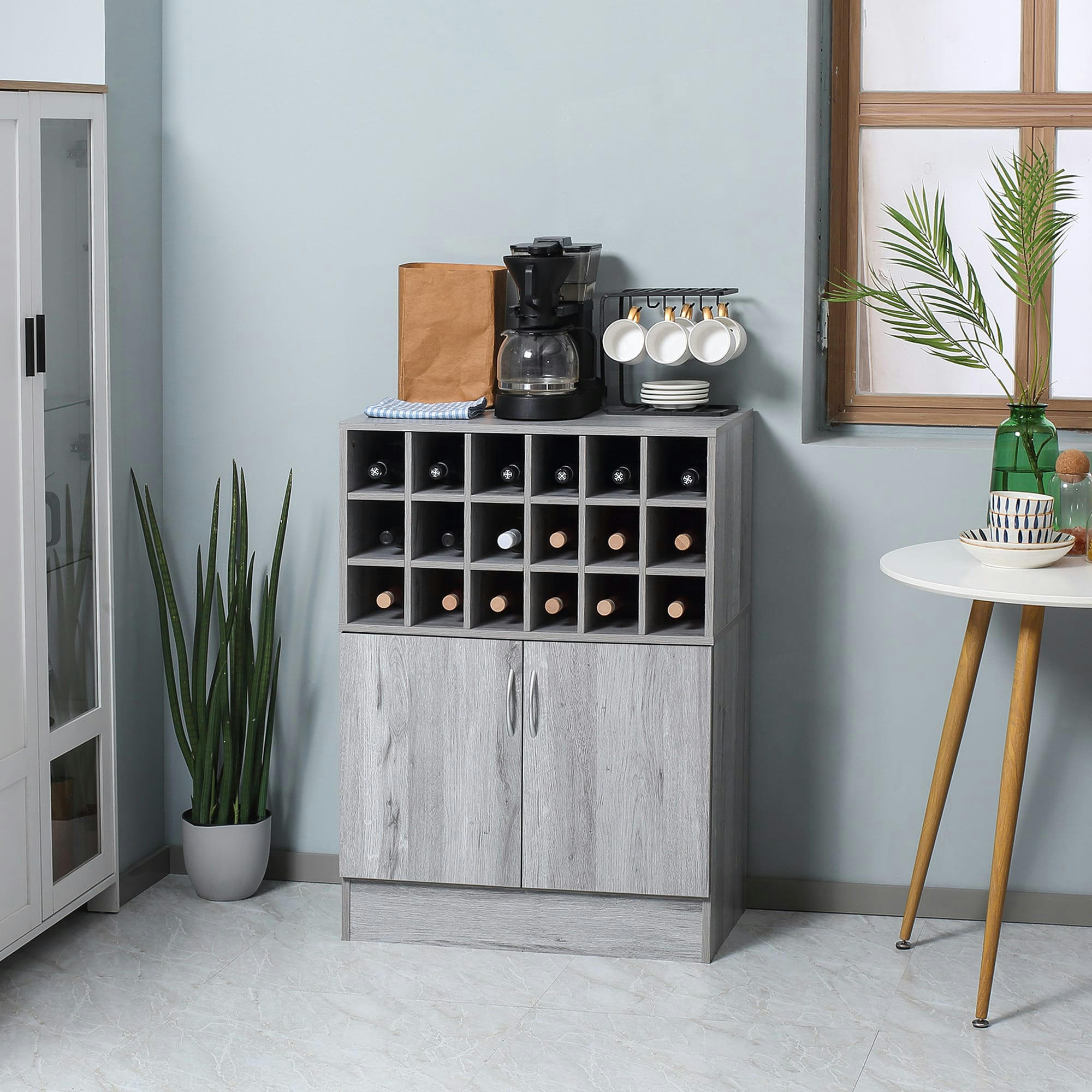 - Buffet 2 portes casier 18 bouteilles aspect bois veinage gris