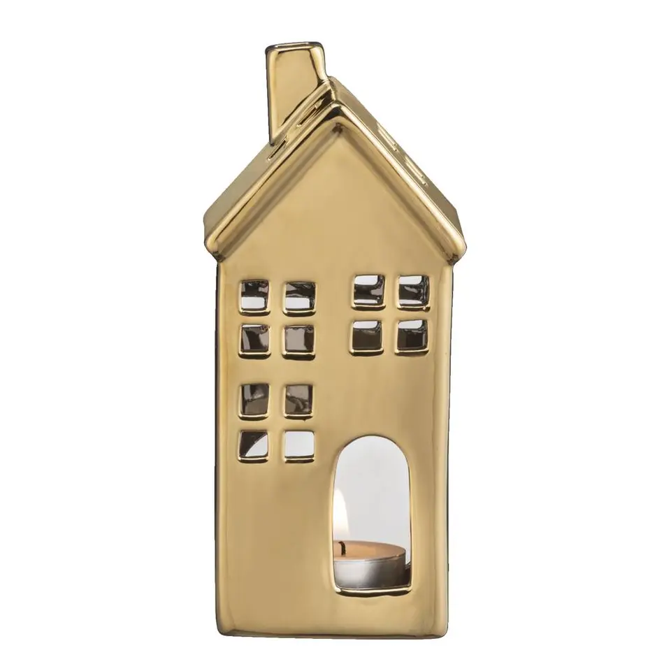 Waxinelichthouder Huis - goudkleur - 17,5x8x7 cm