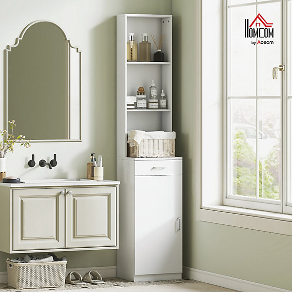 Meuble de salle de bain haut et étroit, avec tiroir, porte et étagères réglables, pour salle de bain ou salon,blanc