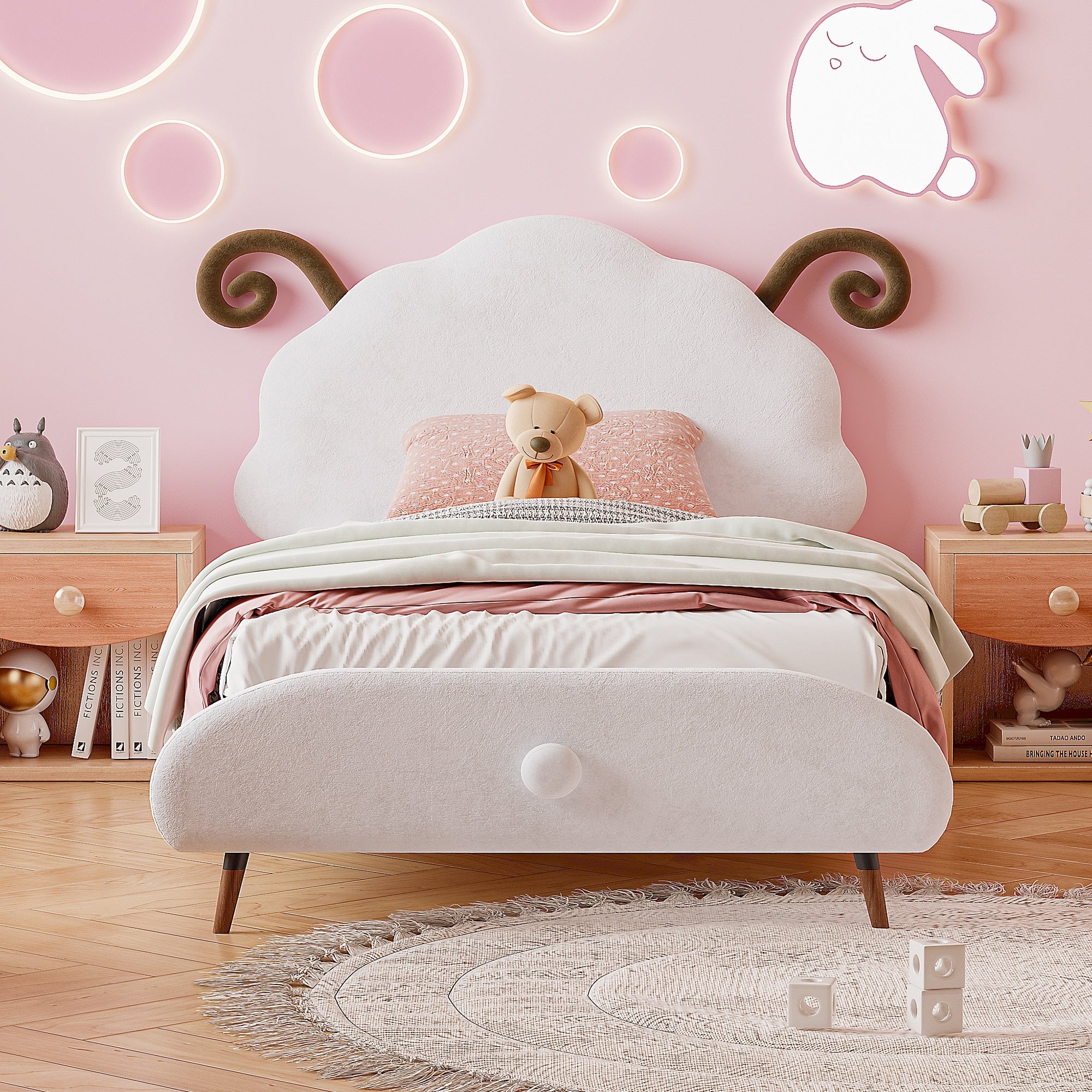 Twin Size Sheep-Shaped Upholstered Bed with Whimsical Design