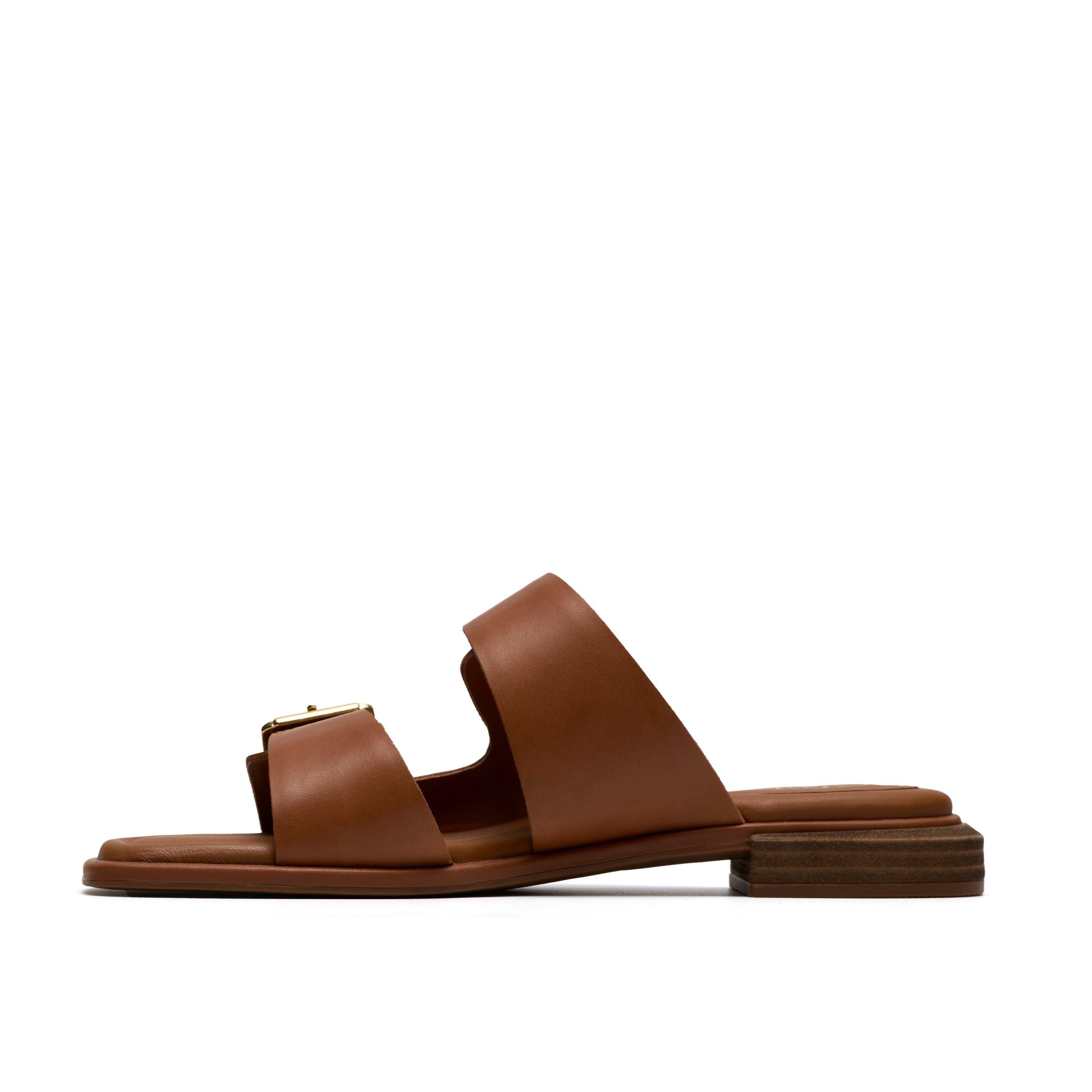 Clarks Ariany Bay Tan Leather Flat Sandals,Sliders