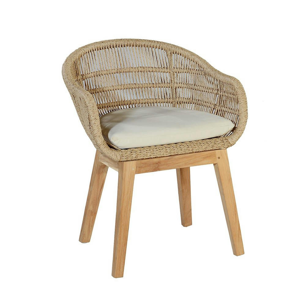 LOUNGE - Fauteuil en résine tressée naturel  avec coussin