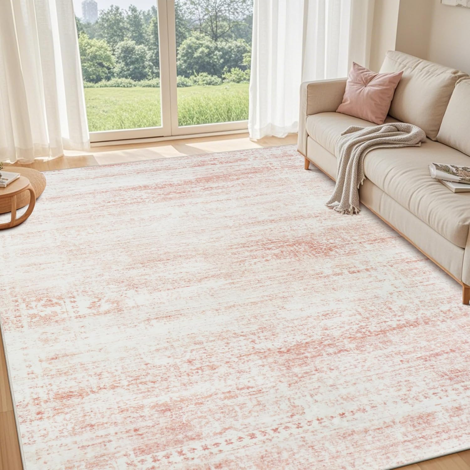 Srugn Washable Rugs 9x12 Area Rugs for Living Room,Rugs for Bedroom,Large Carpets,Ultra Soft Faux Wool Retro Dining Room Rug,Non Slip&Non-Shedding Low Pile Vintage Print Rug for Home Office-Pink White