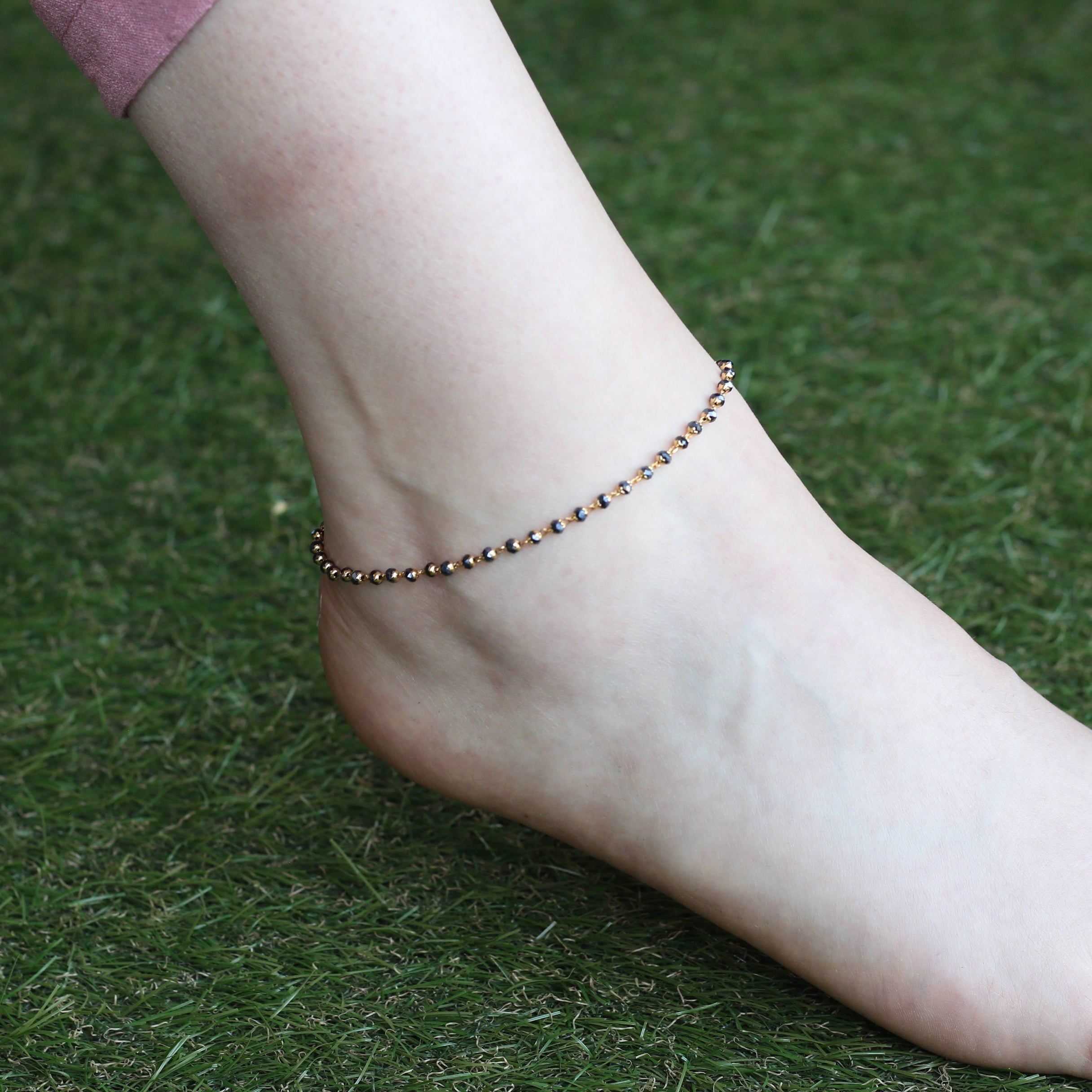 The Colourful Aura Black Gold Beaded Slim Foot Anklet Payal
