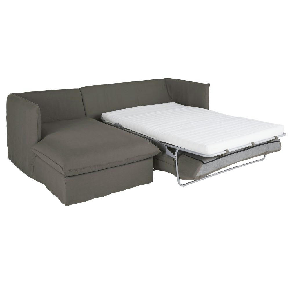 Louvain - Canapé d'angle gauche convertible 3/4 places en lin supérieur gris, matelas 10 cm