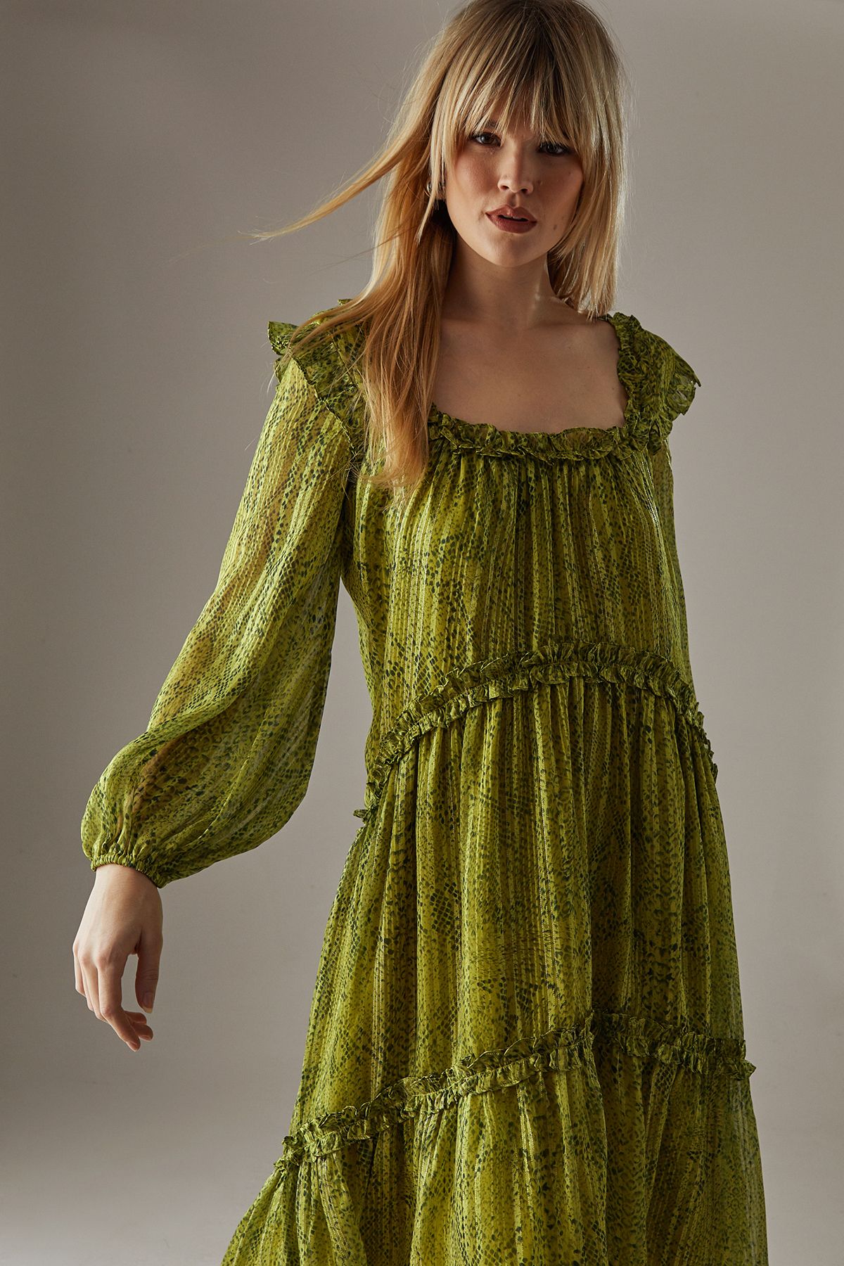 Warehouse Snake Shadow Stripe Ruffle Square Neck Smock Midi Dress